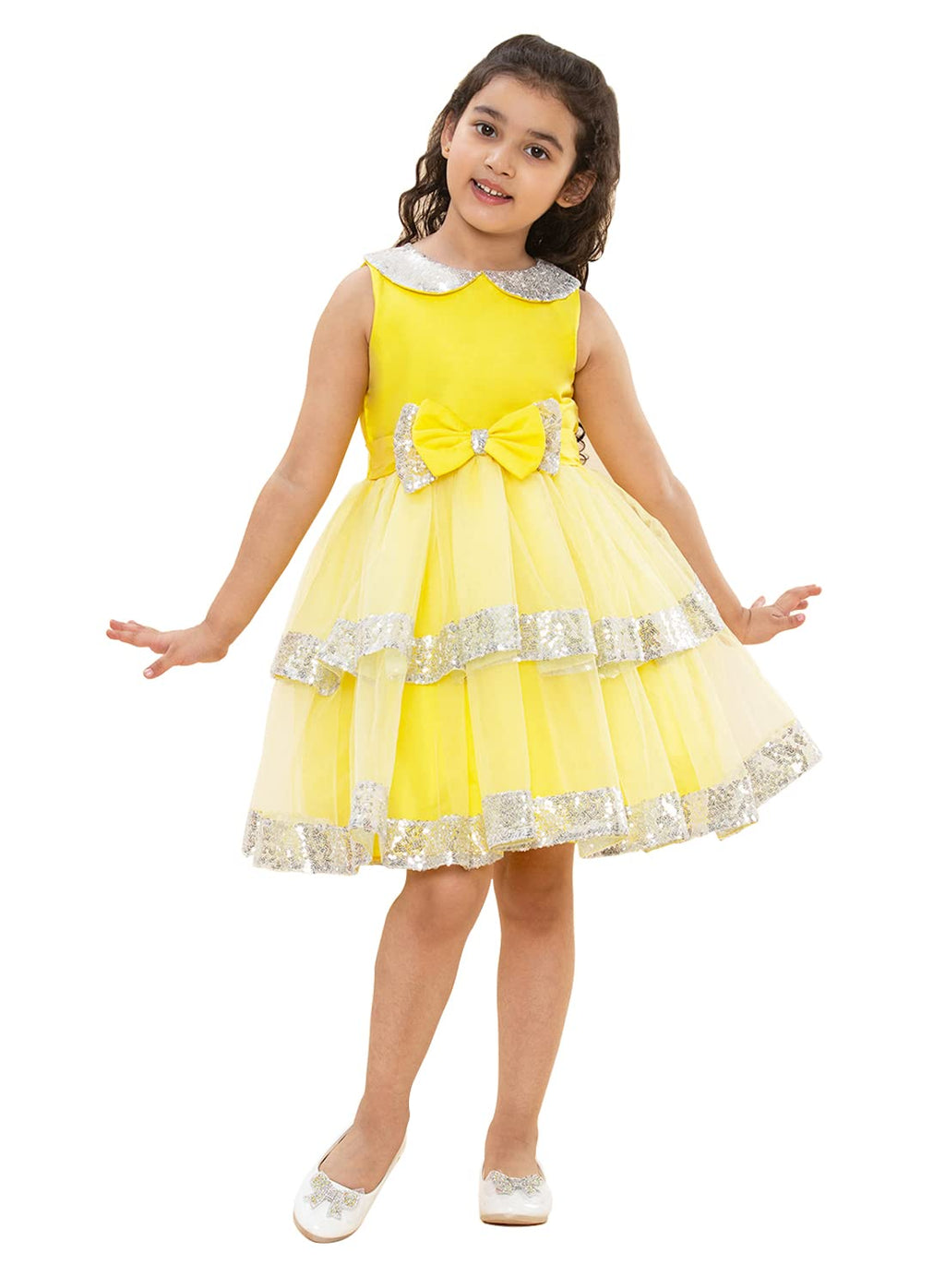 A.T.U.N. (ALL THINGS UBER NICE) Girls Peter Pan Sequins Collar Birthday Party Princess Tiered Dress for Kids 0-10Y Yellow