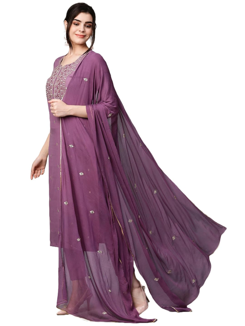 ANNI DESIGNER Womens Cotton Blend Embroidered Straight Kurta with Pant & Dupatta (Kasturi Purple-NW_L_Purple_Large)