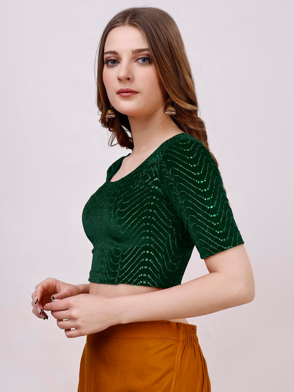 Pujia Mills WomenS Readymade Hosiery Velvet Lycra Stretchable Round Neck Half Sleeve Blouse With Jari Work Fancy Green Color Ly
