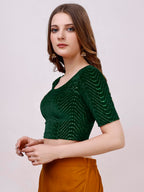 Pujia Mills WomenS Readymade Hosiery Velvet Lycra Stretchable Round Neck Half Sleeve Blouse With Jari Work Fancy Green Color Ly