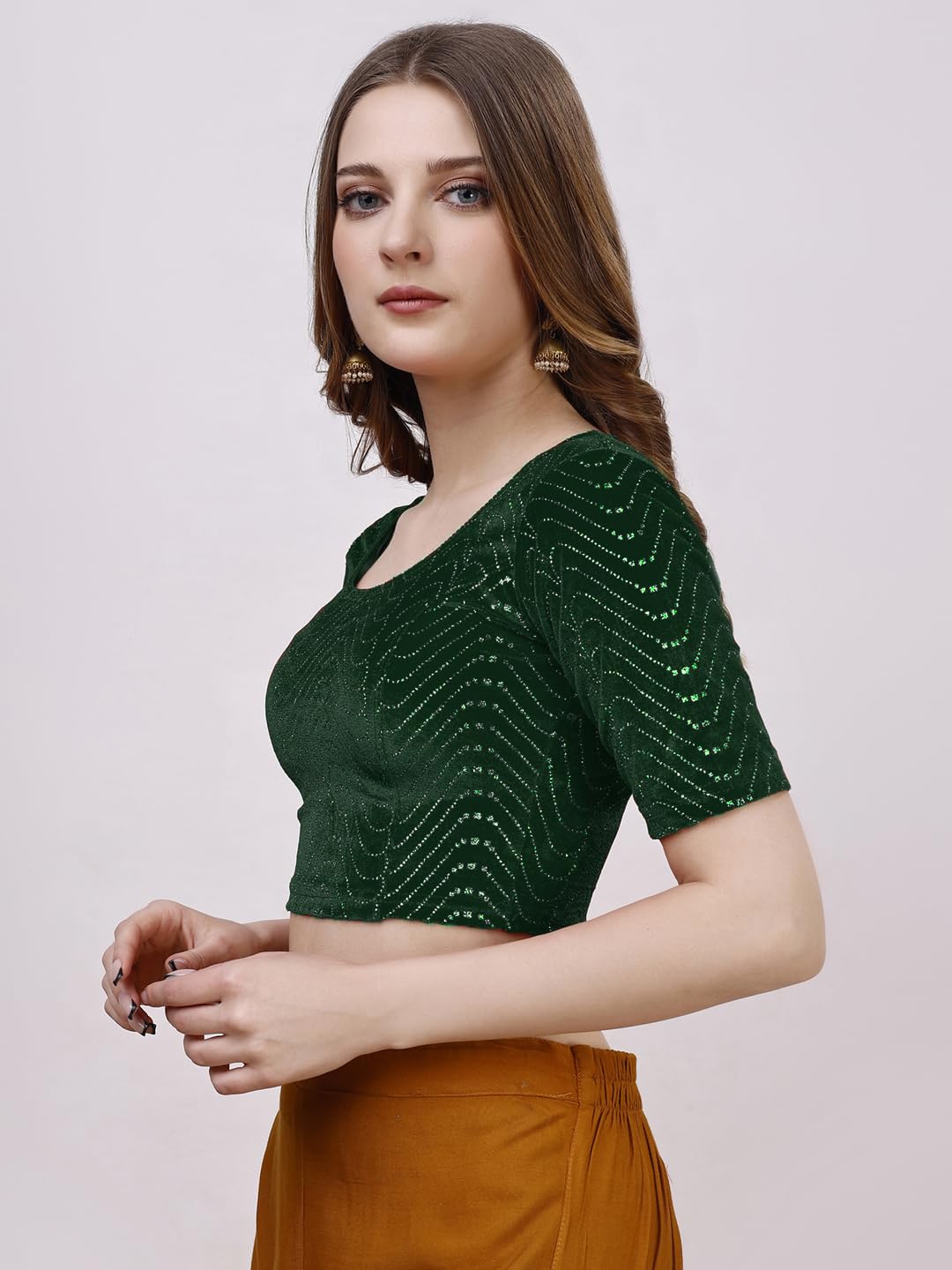 Pujia Mills WomenS Readymade Hosiery Velvet Lycra Stretchable Round Neck Half Sleeve Blouse With Jari Work Fancy Green Color Ly