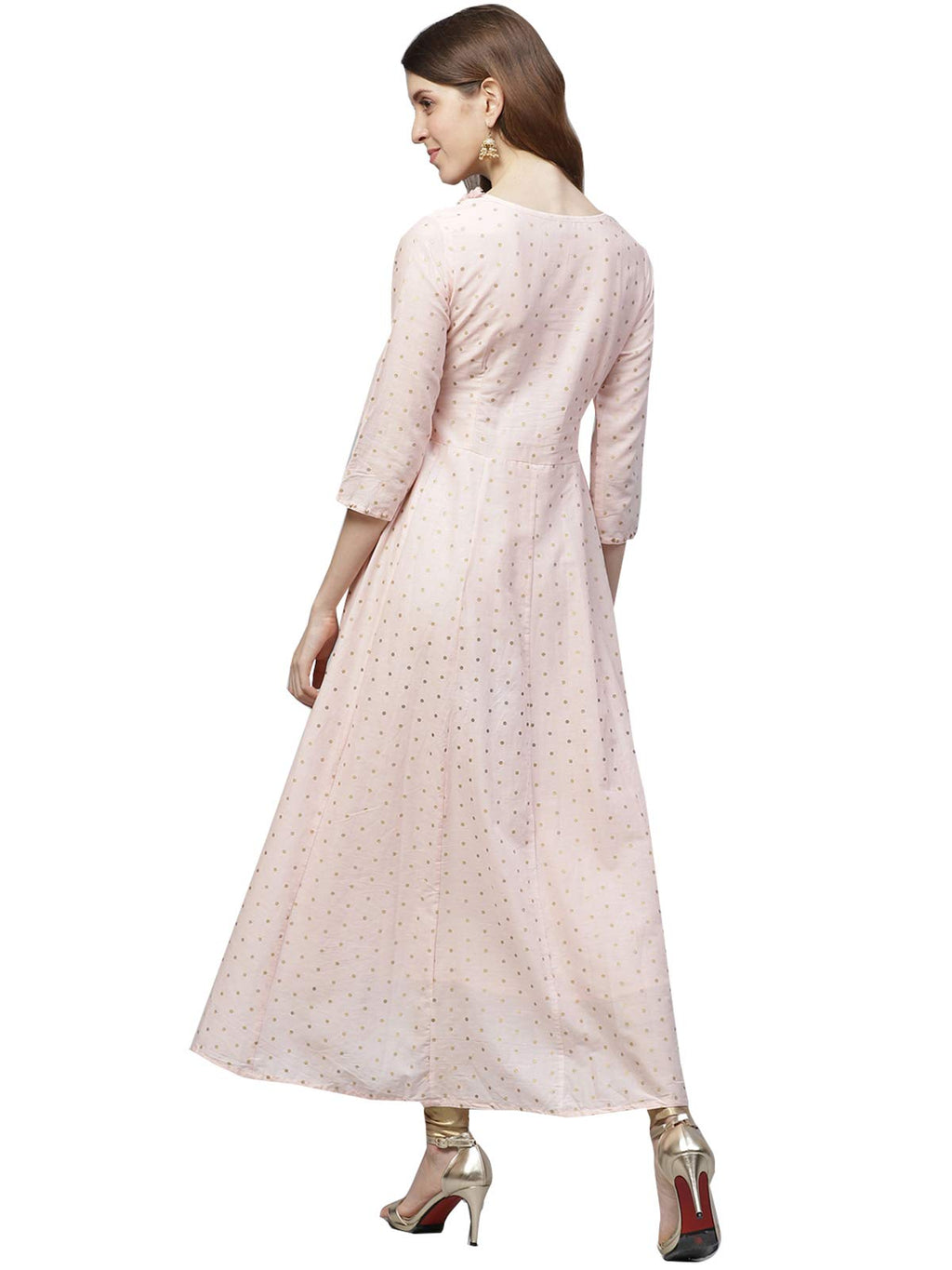 Ishin Women'S Cotton Anarkali Embroidered Thread Work Floral Print Peach Kurti