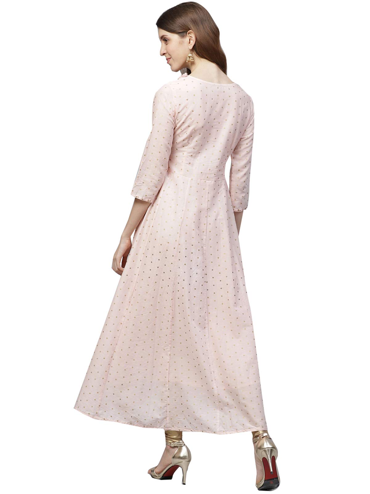 Ishin Women'S Cotton Anarkali Embroidered Thread Work Floral Print Peach Kurti