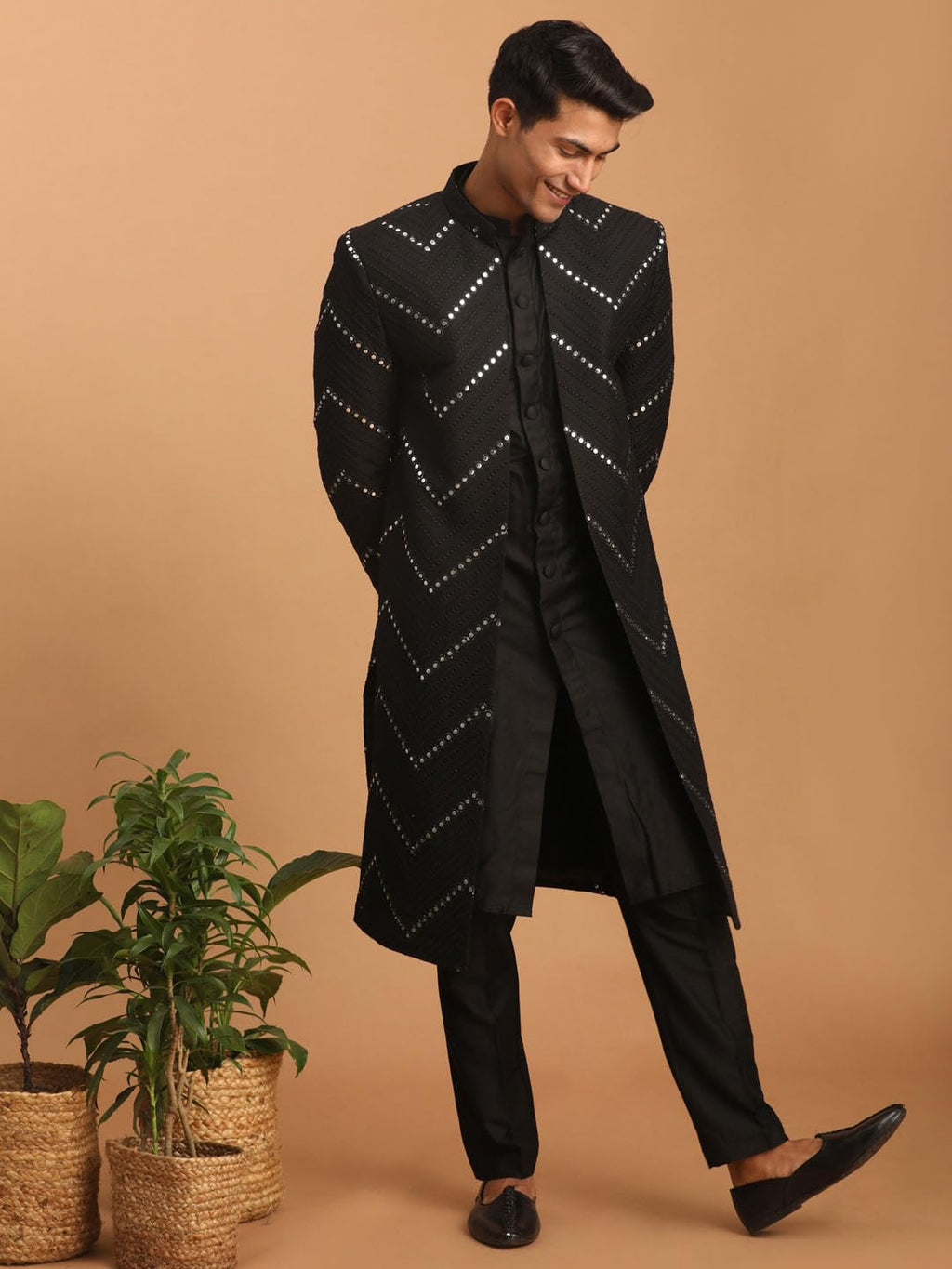 VASTRAMAY Mens Black Viscose Sherwani Set | Set Of Layered Mirror Work Front Open Sherwani Set With Pant Style Pyjama