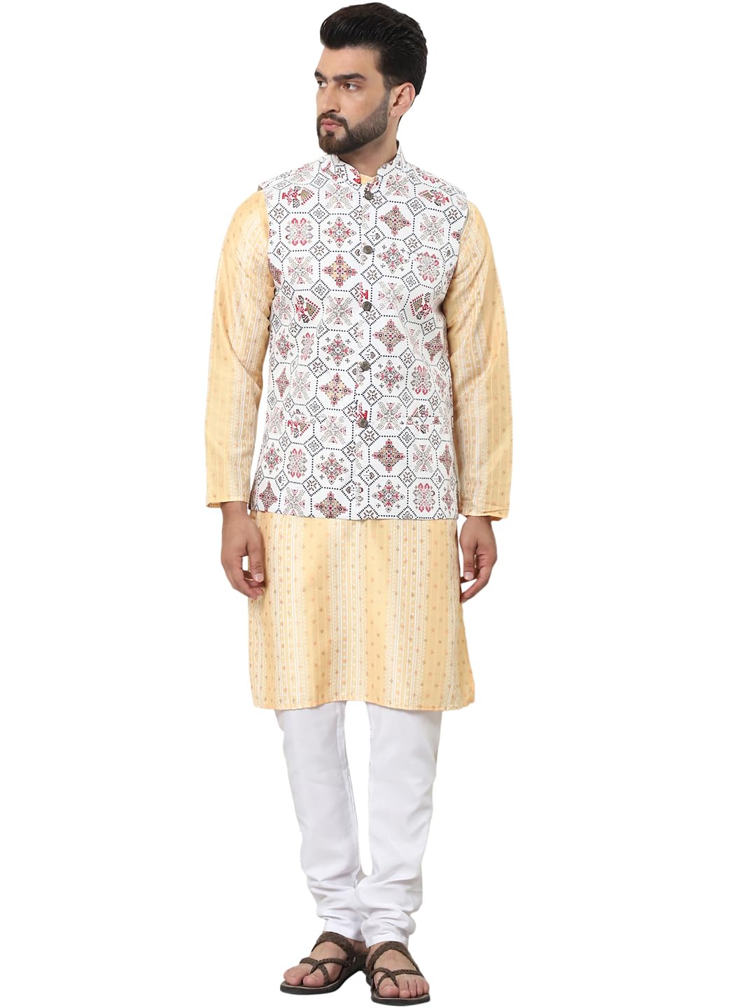 SOJANYA (Since 1958 Mens Cotton Silk Printed Mustard Kurta and White Pyjama With Printed Cream Nehru Jacket