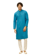 Manyavar Mens Blue Blended Cotton Self Design Kurta Pyjama Set