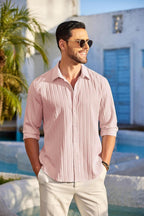 Deelmo MenS Button Down Dress Shirts Textured Long Sleeve Casual Hawaiian Beach Shirt Cream