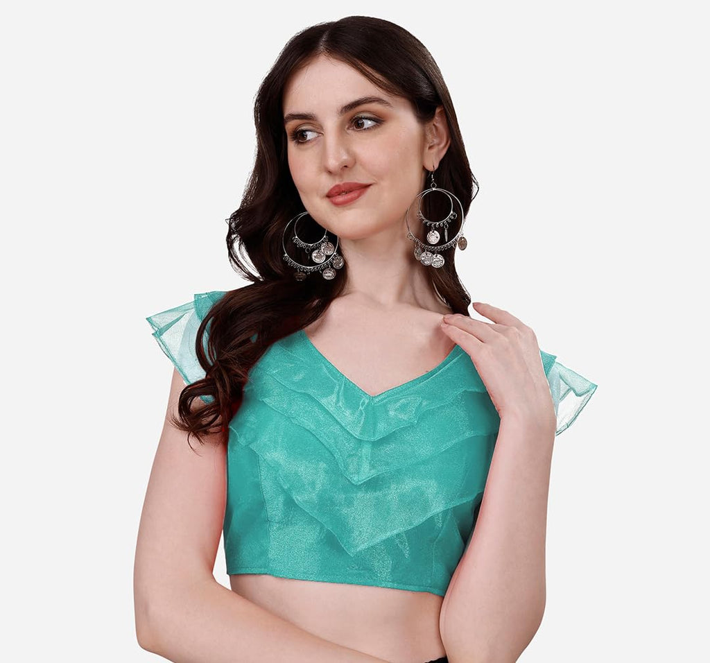 Vihu Fashion WomenS V Neck Orgenza Three Layer Ruffle Sleeve Frill Readymade Saree Blouse