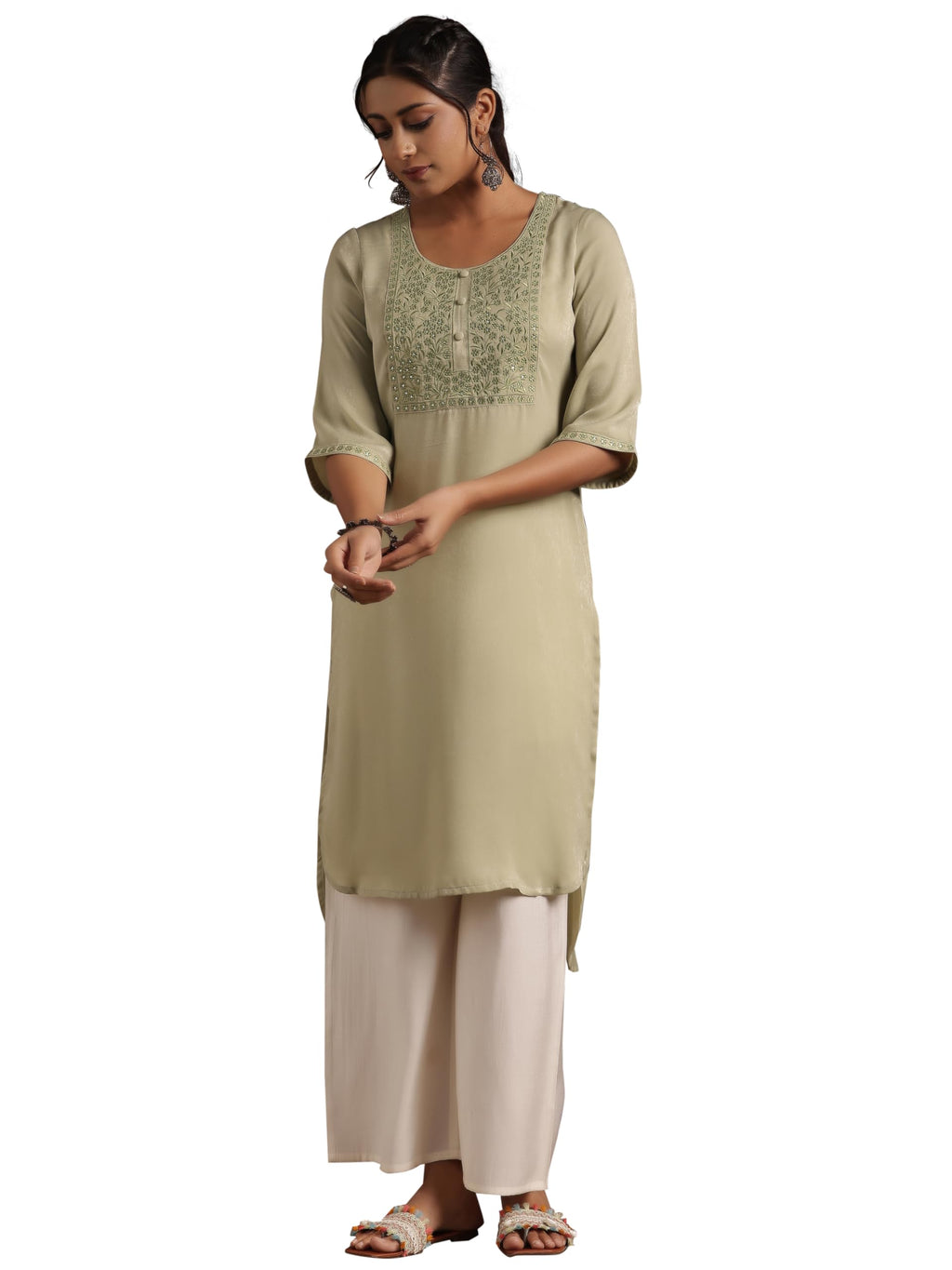 Libas Womens Yoke Design Polyester Straight Kurta For Women Green