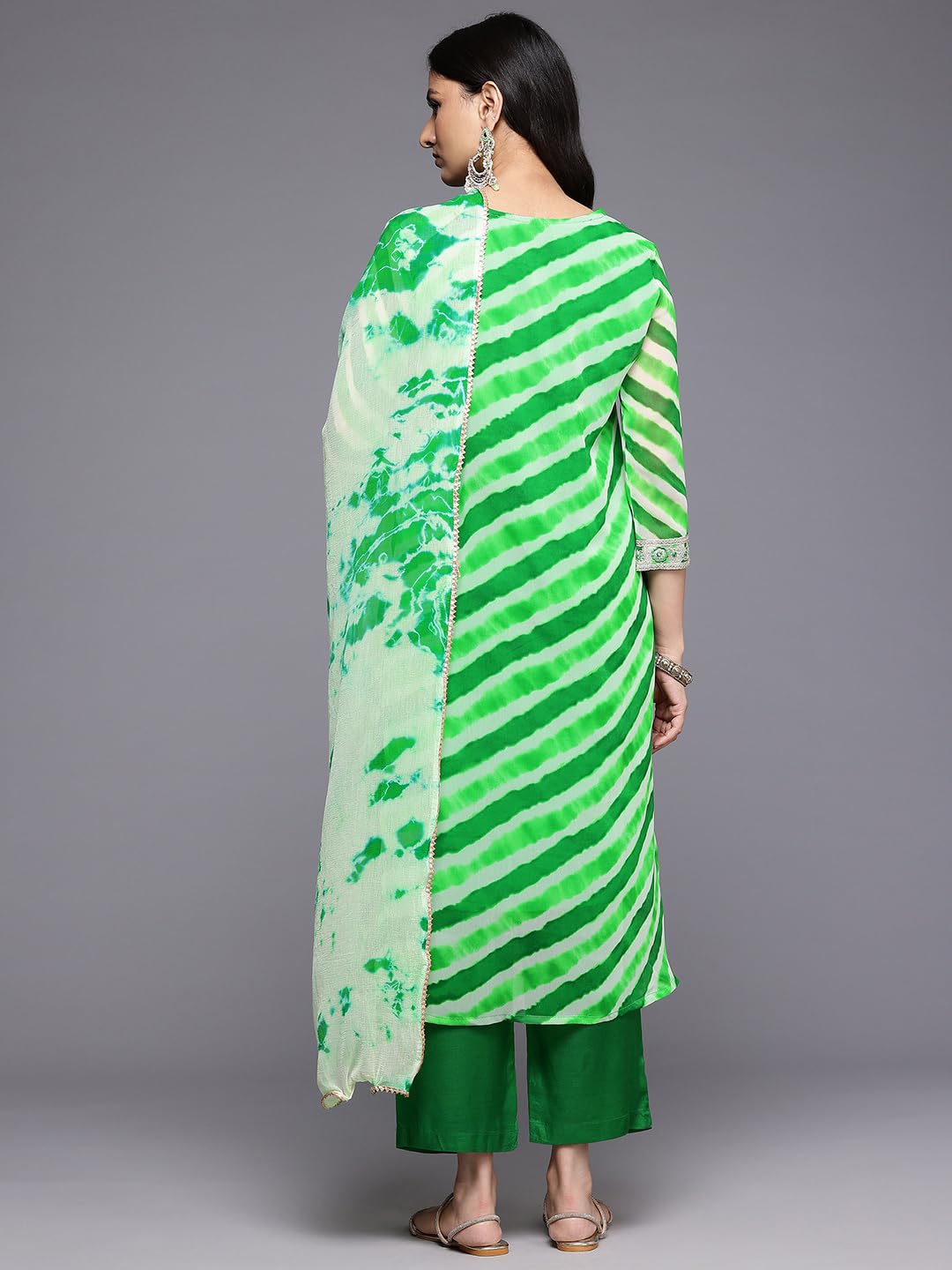 VARANGA Women Green Leheriya Zari And Sequins Embroidered Kurta Set With Dupatta