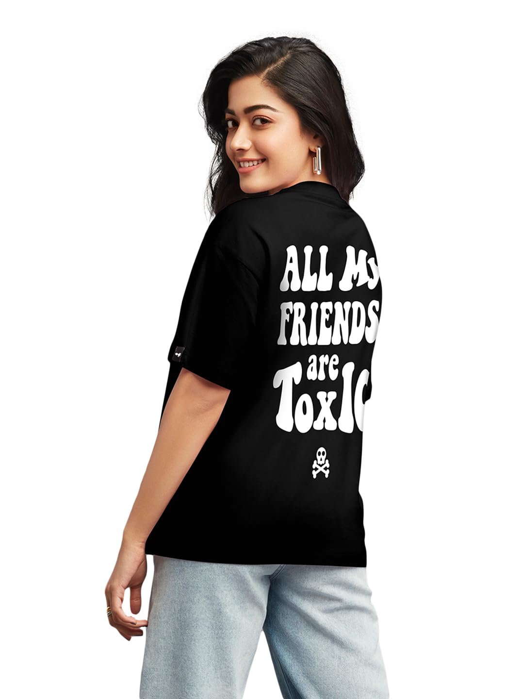 Bewakoof Womens Toxic Graphic Printed 100% Cotton T-Shirt Oversized Fit, Round Neck, Half Sleeve_591188_Black_XS