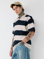 The Souled Store Textured Stripes: Riviera Men and Boys Short Sleeves Collared Neck Oversized Cotton Zipper Polos