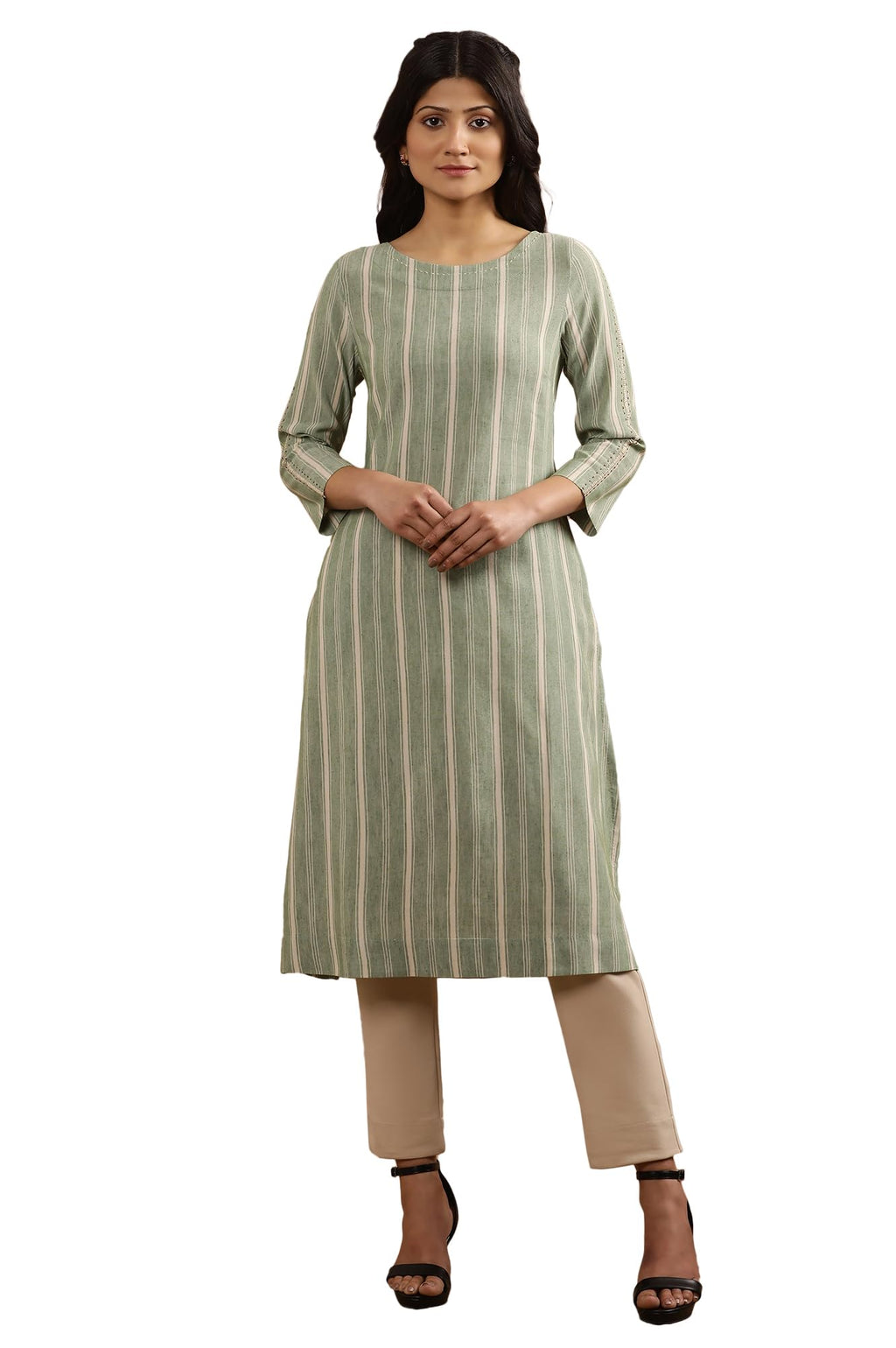 W For Woman Green Striped Print Cotton Straight Kurta_24Few11082-313878_M