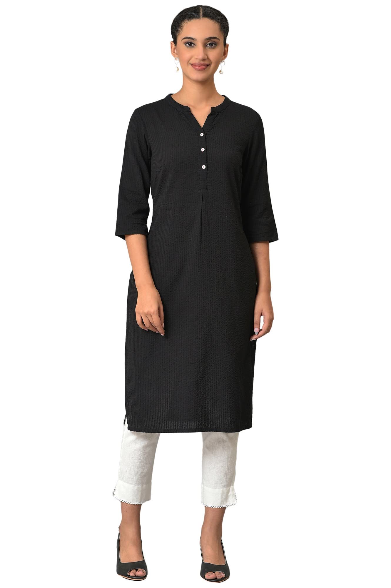 Aurelia Black Solid Cotton-Rayon Blend Regular Kurta For Women