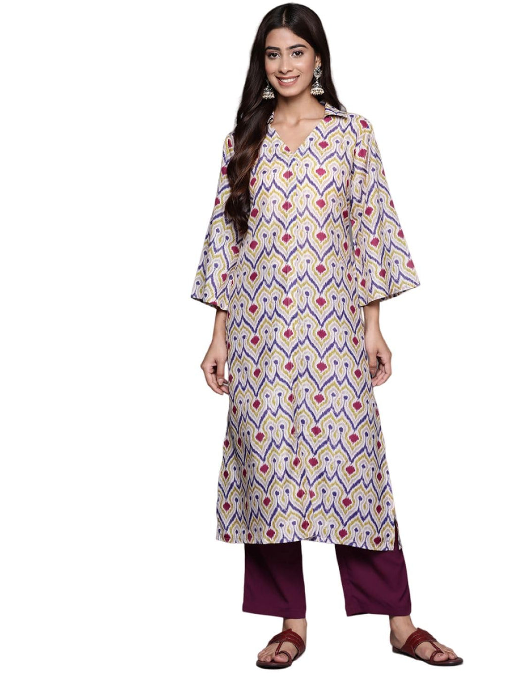 Varanga Women Off White Ikat Printed Shirt Collar Straight Kurta Paired With Violet Solid Bottom.