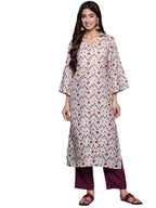 Varanga Women Off White Ikat Printed Shirt Collar Straight Kurta Paired With Violet Solid Bottom.
