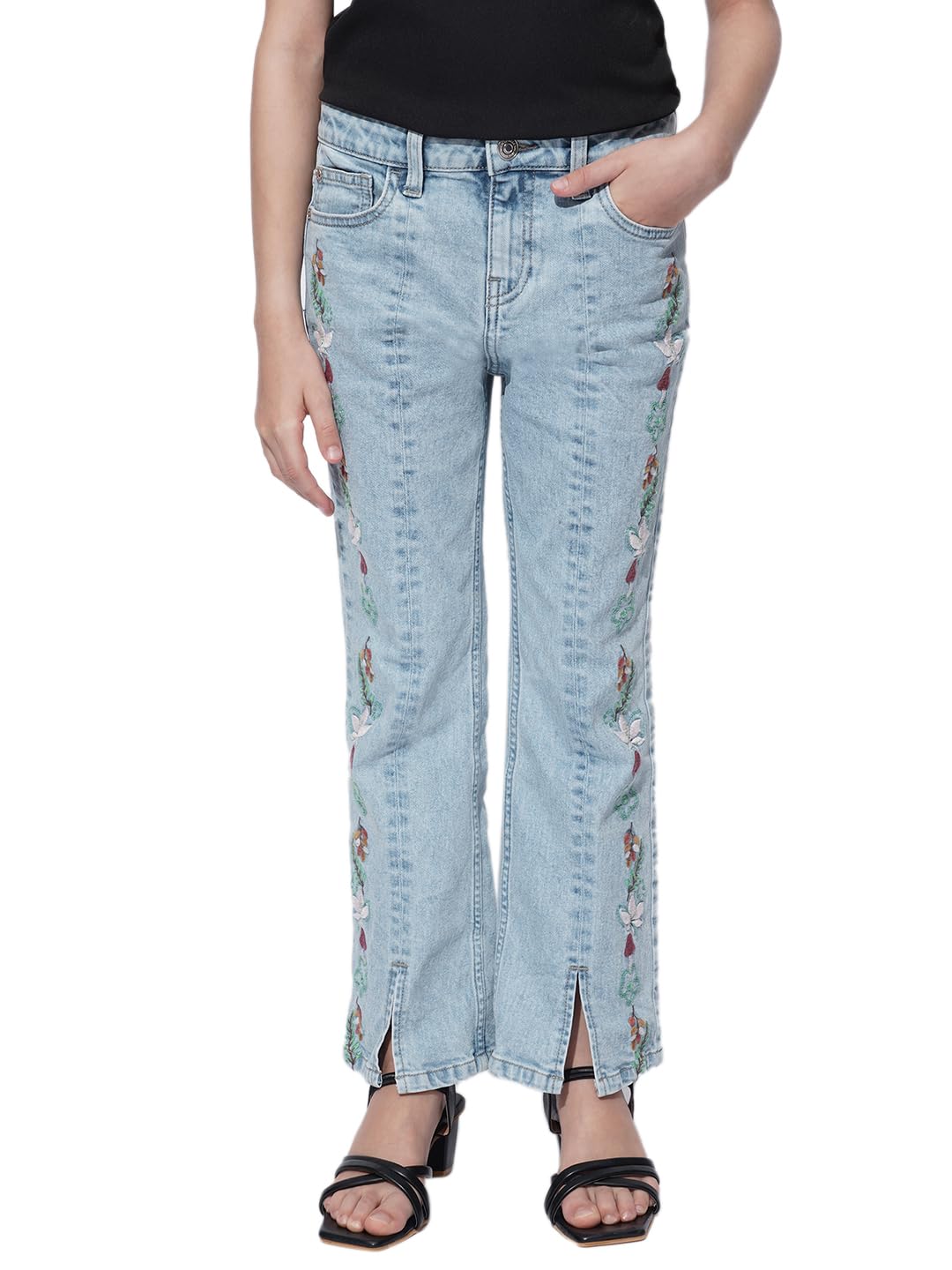 Vero Moda Girl Embroidery Cotton Blend Bootcut Mid Rise Blue Slit Jeans