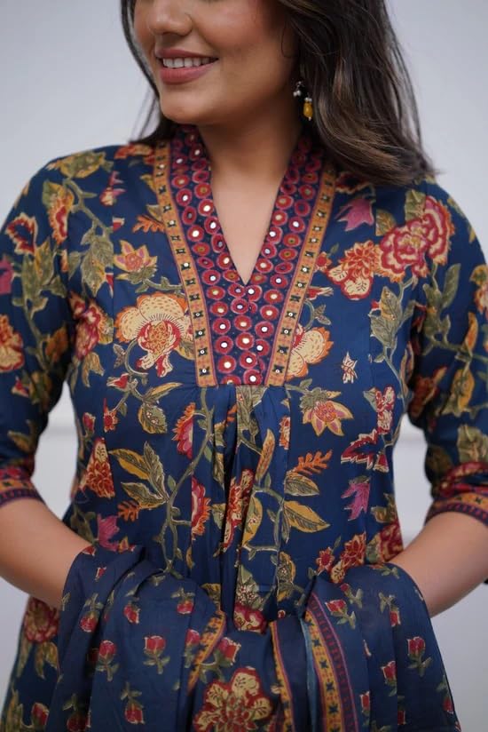 Nermosa Women Printed A-Line Kurta And Pant Set With Dupatta (In, Alpha, M, Blue)