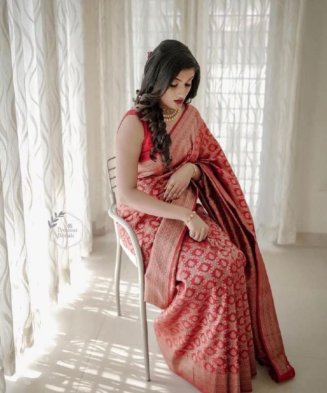 Flosive Womens Present Banarasi Soft Lichi Silk Saree Beautiful Jacquard Rich Pallu Design Work Zari Woven Kanjivaram Silk Styl