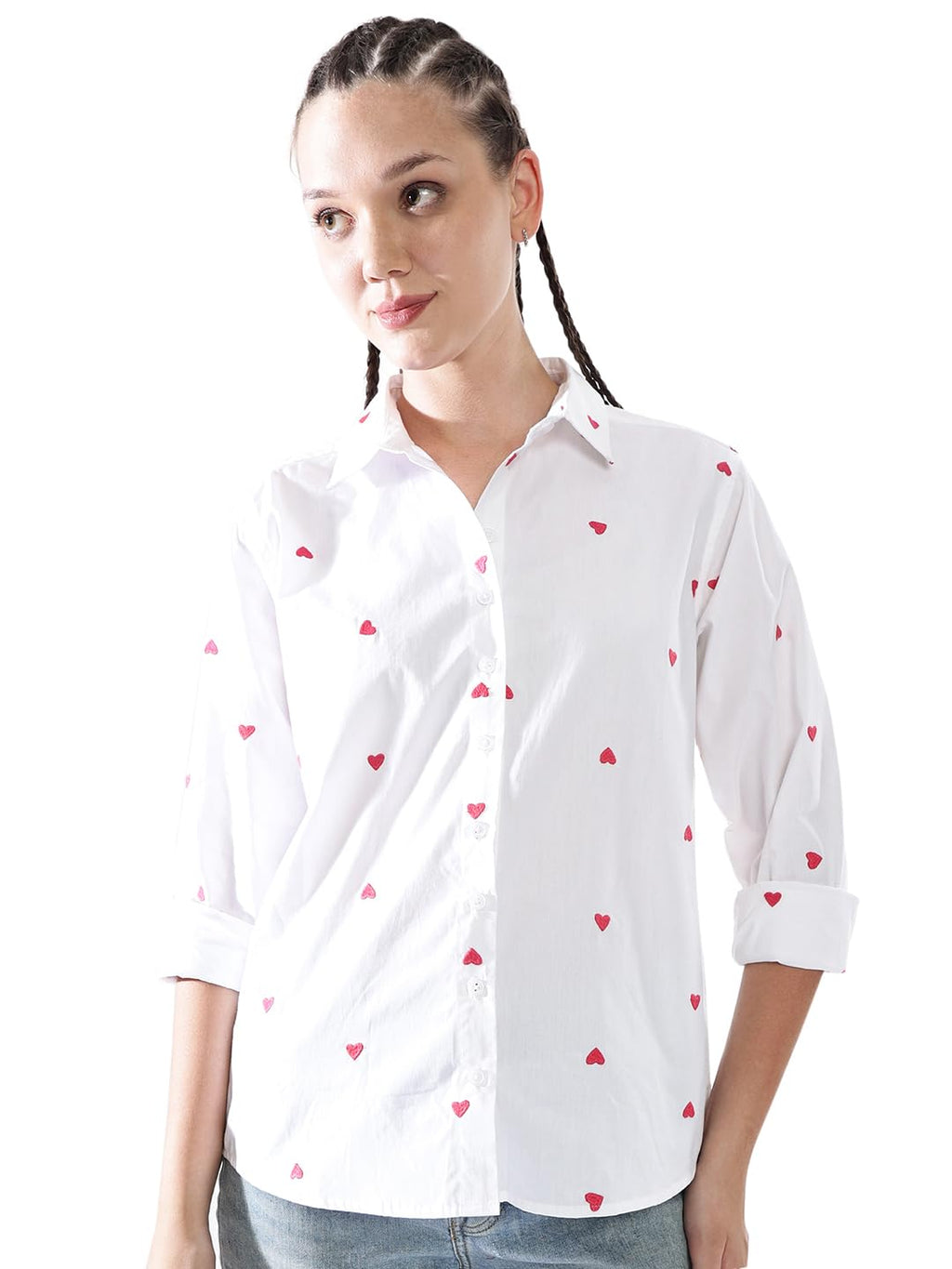Hubberholme Women Oversized 100% Cotton Embroidered Spread Collar Shirts-4