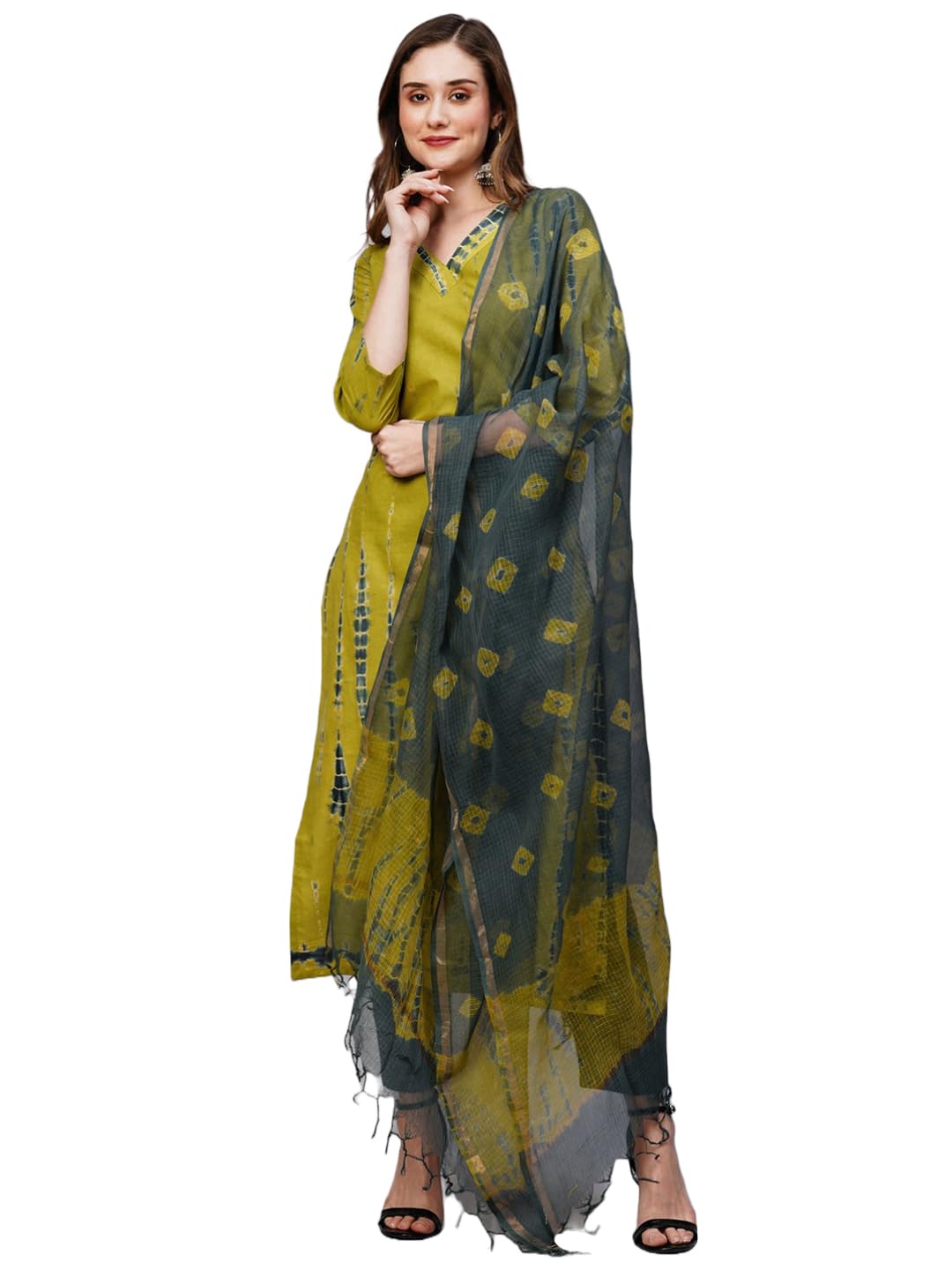 ANNI DESIGNER Womens Cotton Blend Staright Printed Kurta with Pant & Dupatta (Bhumi Green_L_Green_Large)