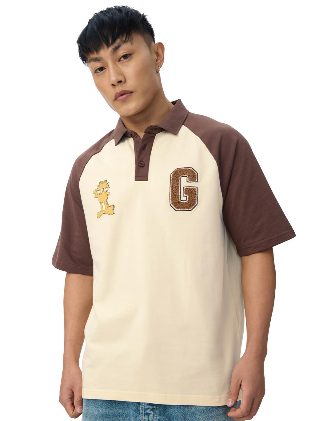 The Souled Store Colourblock Polo: Garfield Men and Boys Short Sleeves Collared Neck Beige and Brown Embroidered Cotton Oversize
