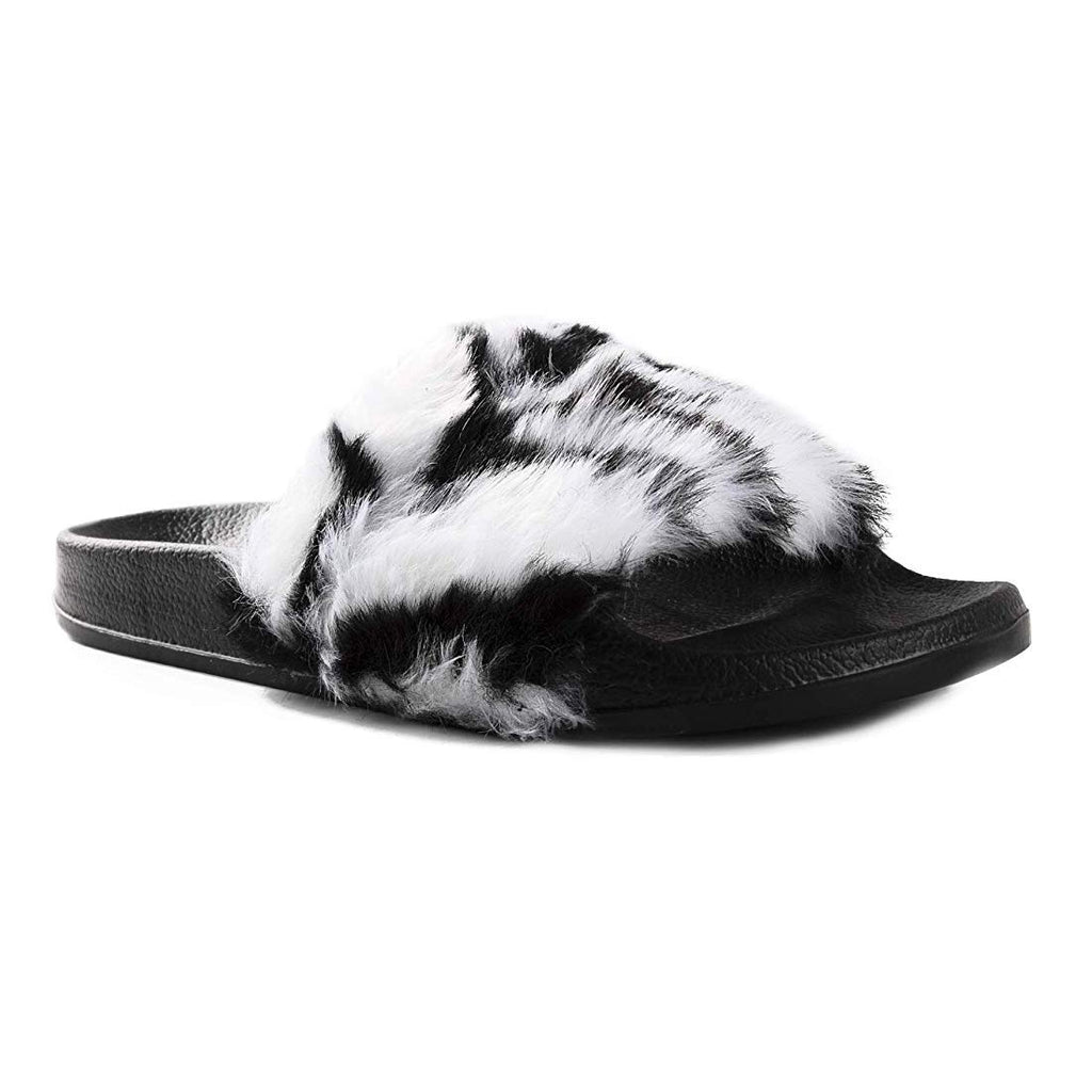 Luxe Faux Fur 676685048110 0.87 in. Sheepskin Slide Slippers - Zebra with Black Sole