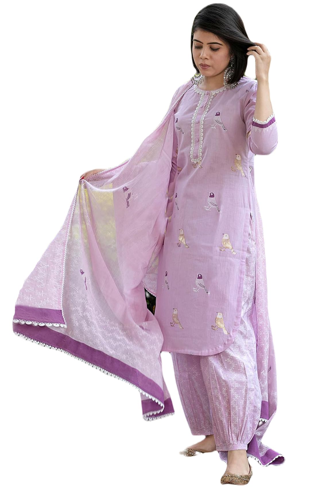 ANNI DESIGNER Womens Rayon Blend Hand Block Printed Straight Kurta with Pant & Dupatta (RAGSRI-Purple_L_Purple_Large)