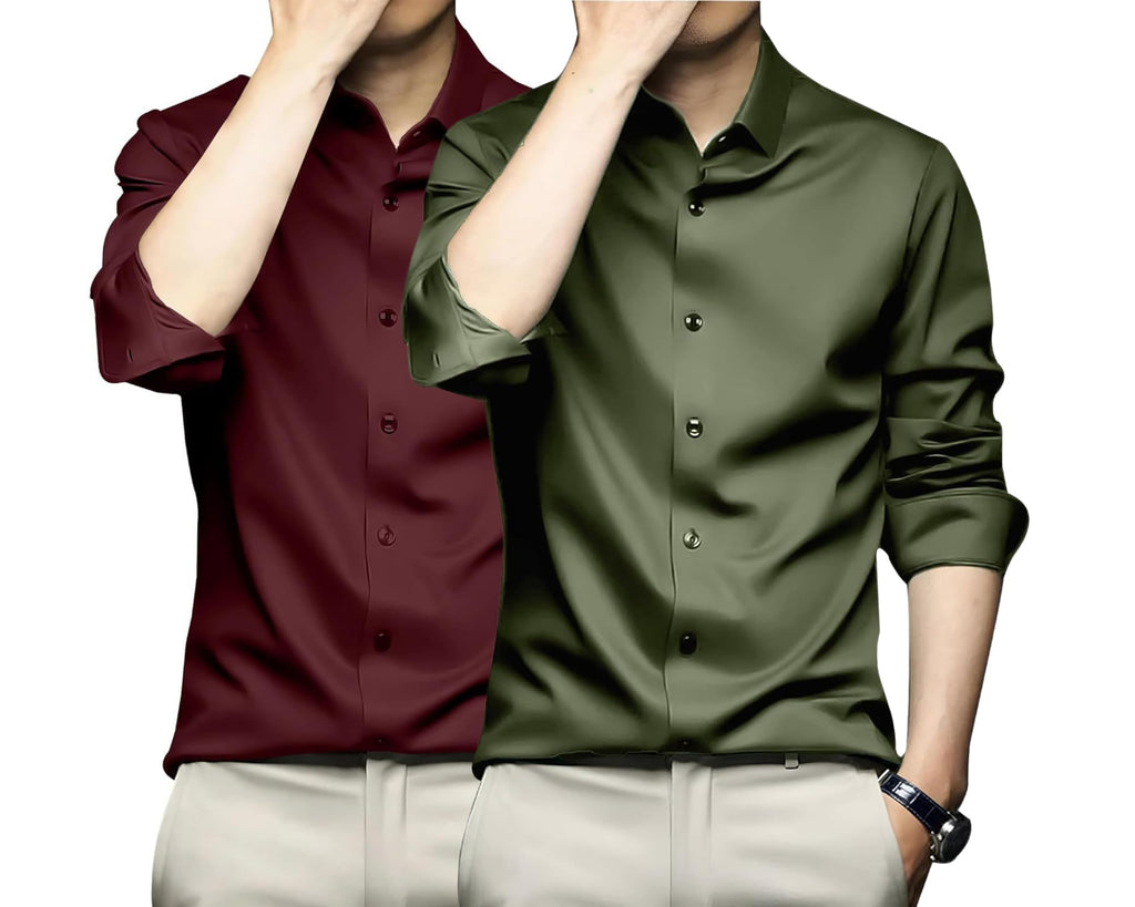 Deelmo Combo Of MenS Stylish Solid Satin Casual Shirt For Men Full Sleeves| Poly Satin Silk Shirt Pack Of 2