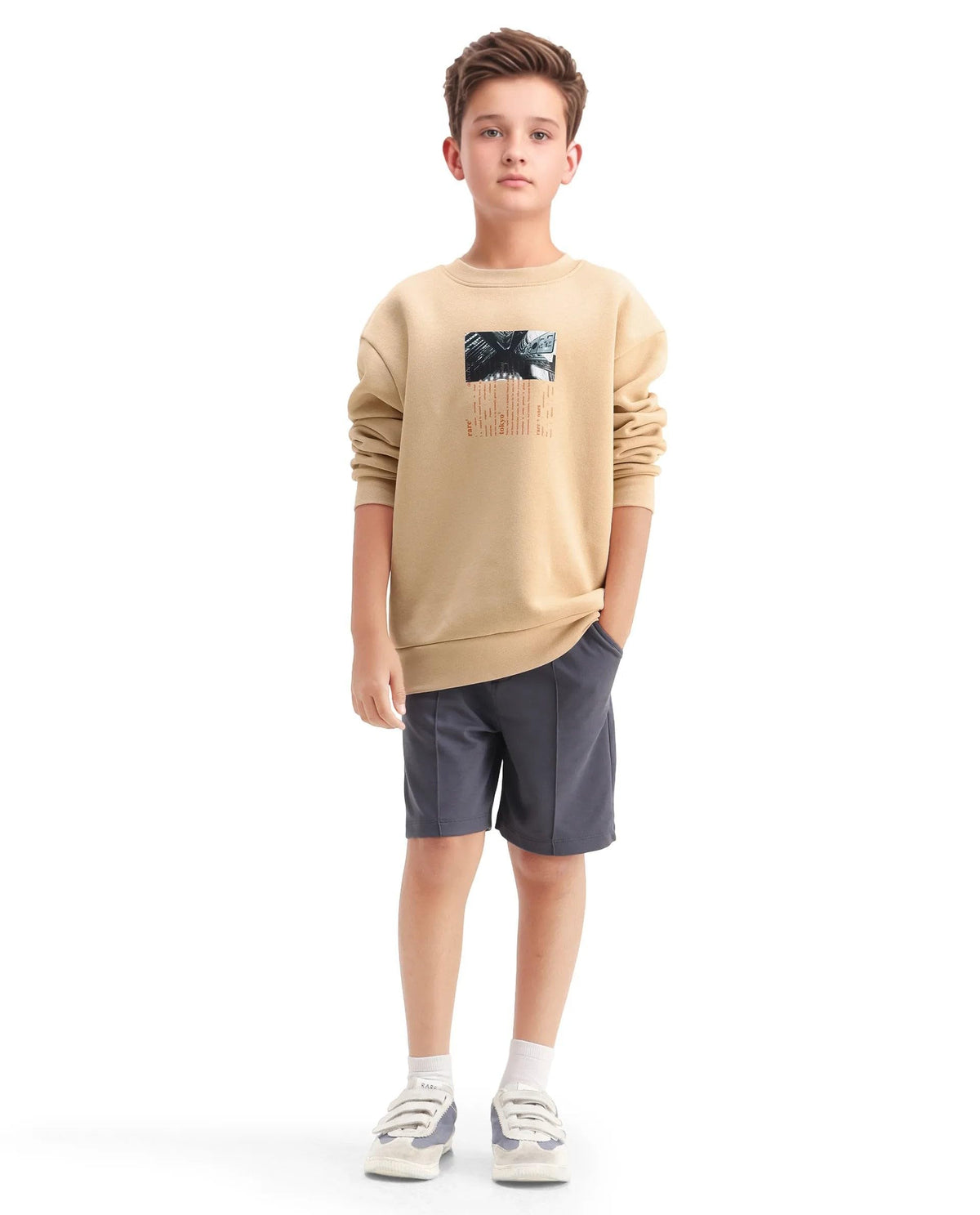 Rare Ones Kids Elio Beige Cotton Blend Digital Print Oversized Sweatshirt, Beige, 1314Y 13-14
