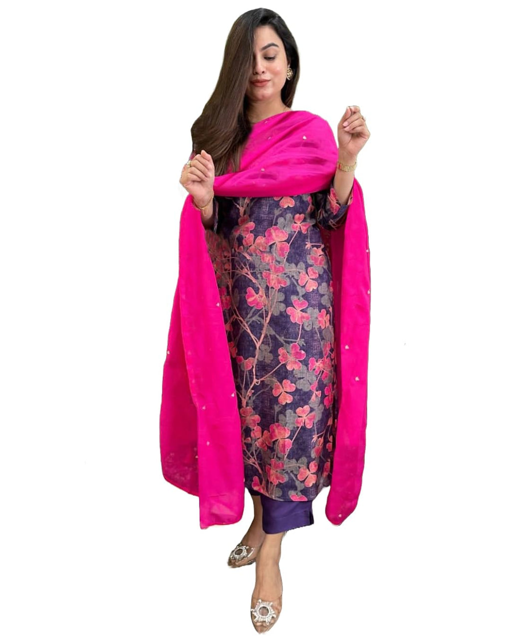 ANNI DESIGNER Womens Cotton Blend Straight Printed Kurta with Pant & Dupatta (Mariyam Blue_XXL_Blue_XX-Large)
