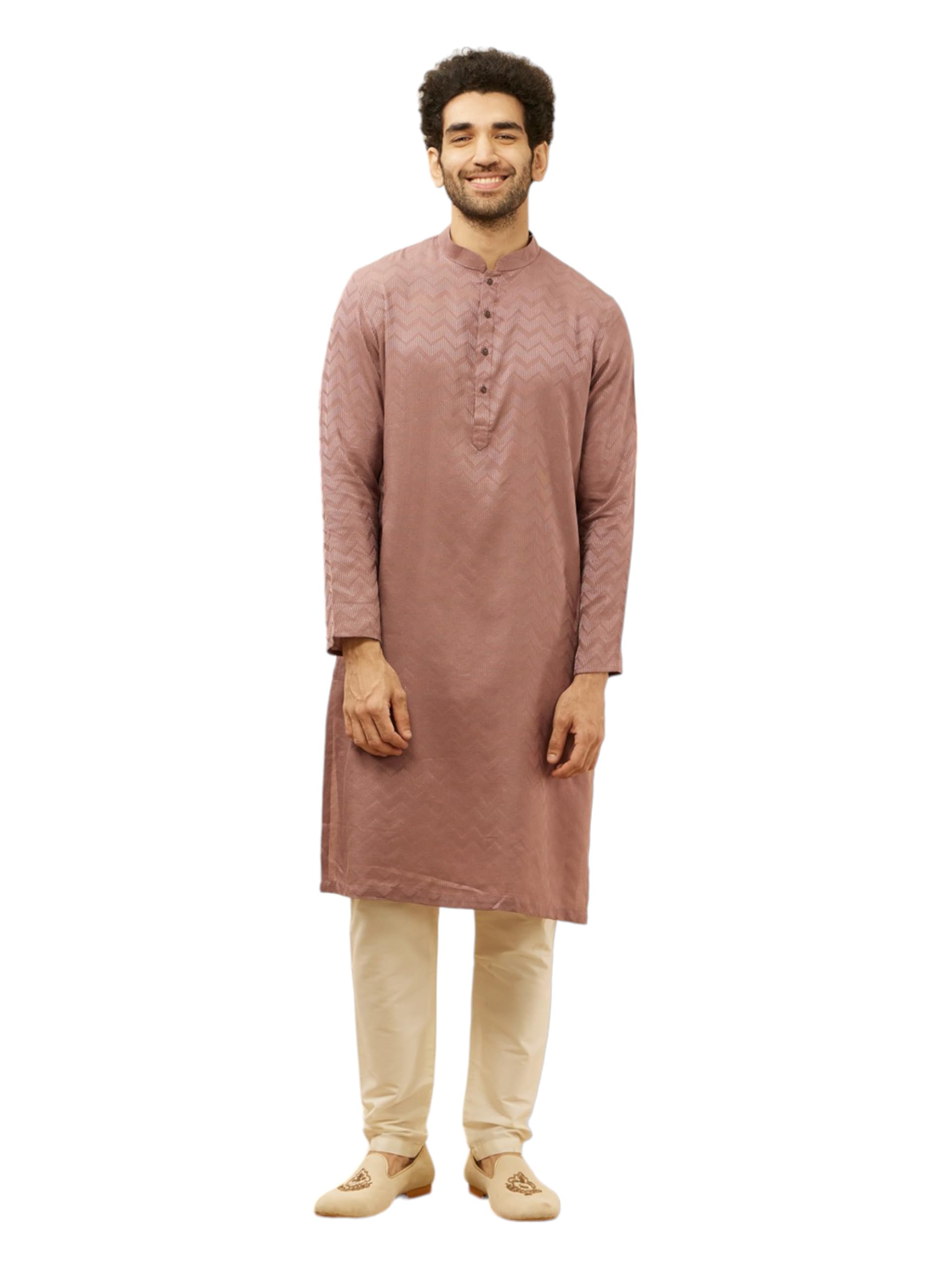 Manyavar Pink Blended Viscose Checks Kurtas For Men (Kurta Only)