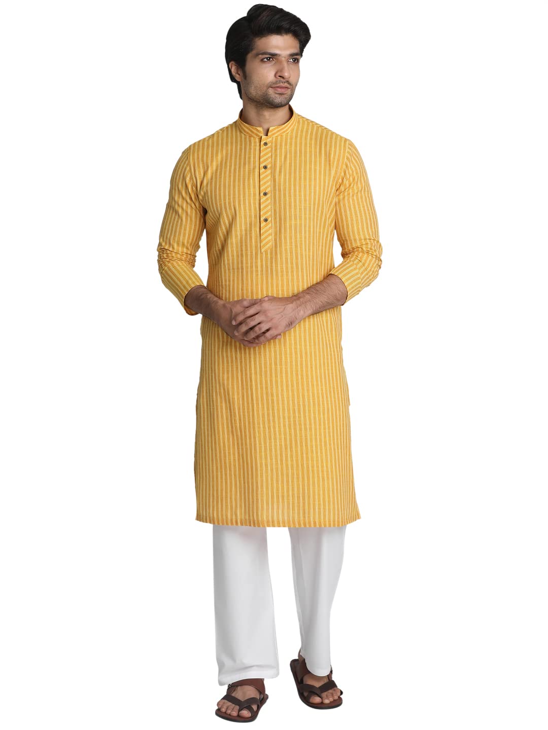 Manyavar Striped Knee Long Kurta for Men - (Yellow, Small)