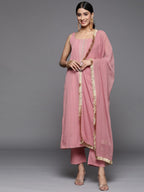 Varanga Women Mauve Straight Kurta With Tonal Bottom And Dupatta, Lace And Gotta Detailing On Yoke, Spaghetti Strap Design