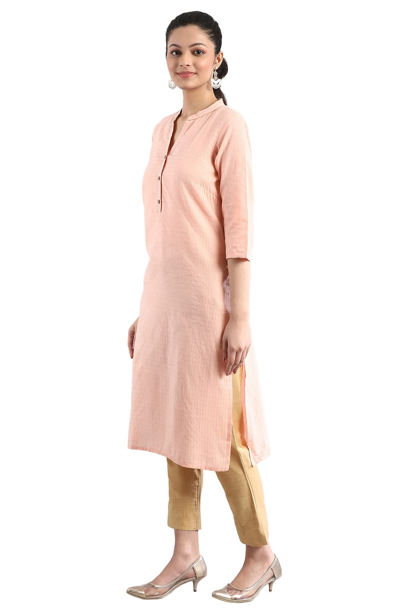 Aurelia Women'S Cotton Pink Geometric Band Collar Straight Kurta