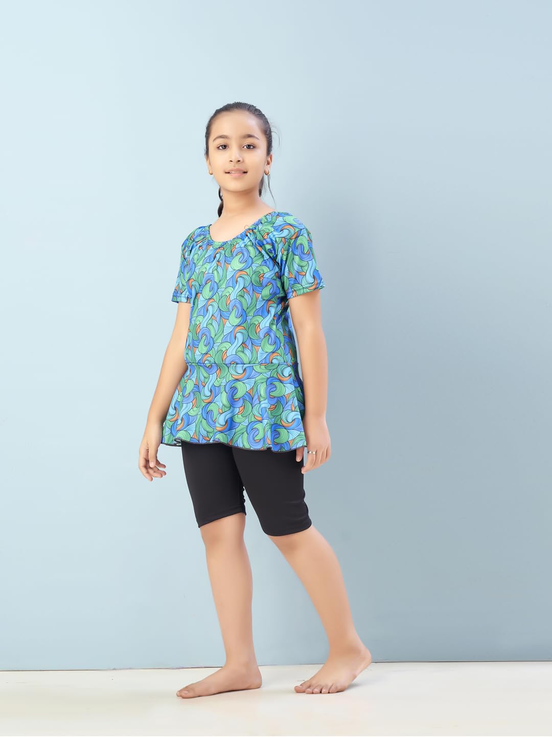 Aarika Girls Sports Wear Green-Black Colour Abstract Print Nylon Swim Suit (5-15 Years)-(SW-SHM-CA-1117)