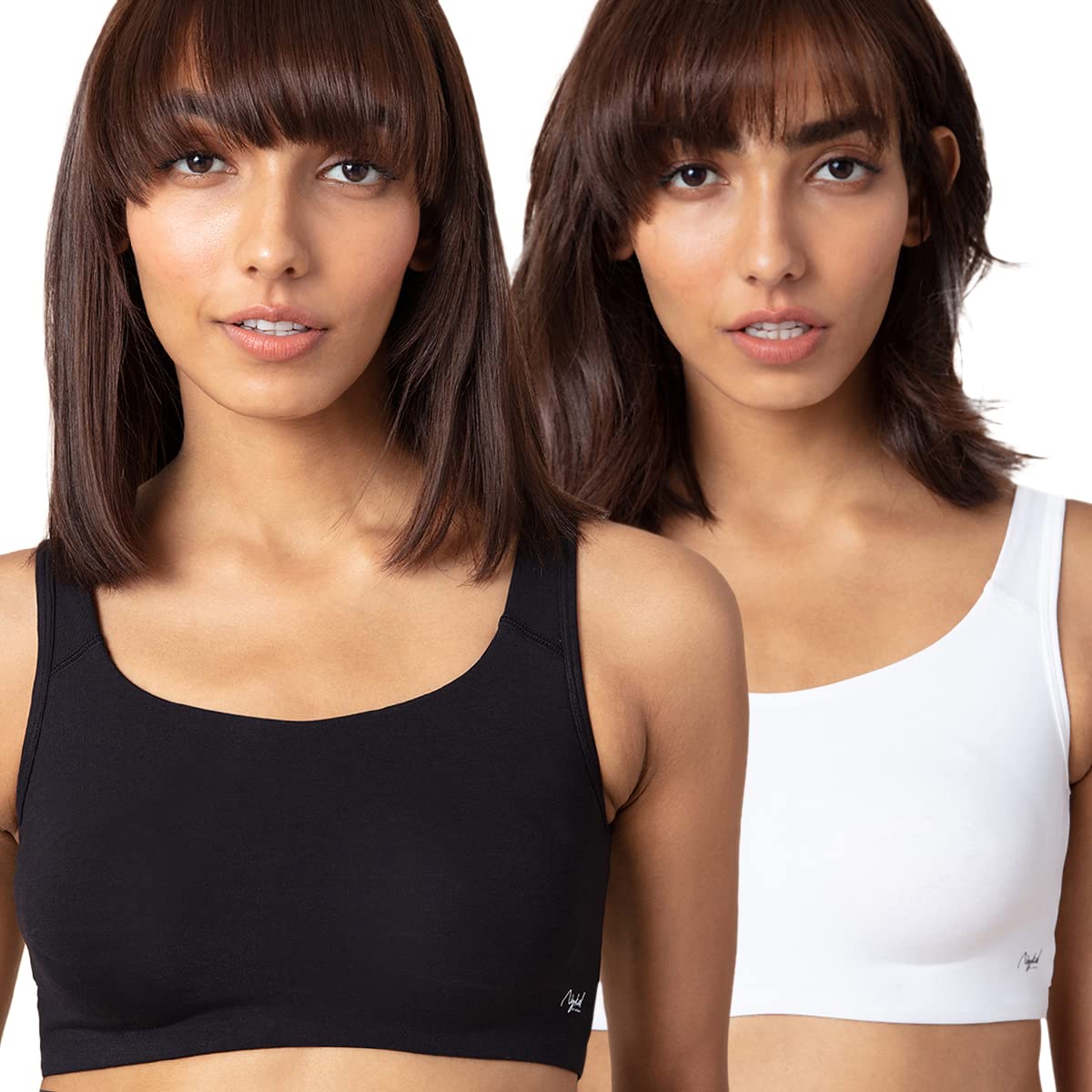 NYKD Womens Cotton Non Padded Wire Free Everyday Bra Bra, NYB113PO2, White/Black, XS, 2N