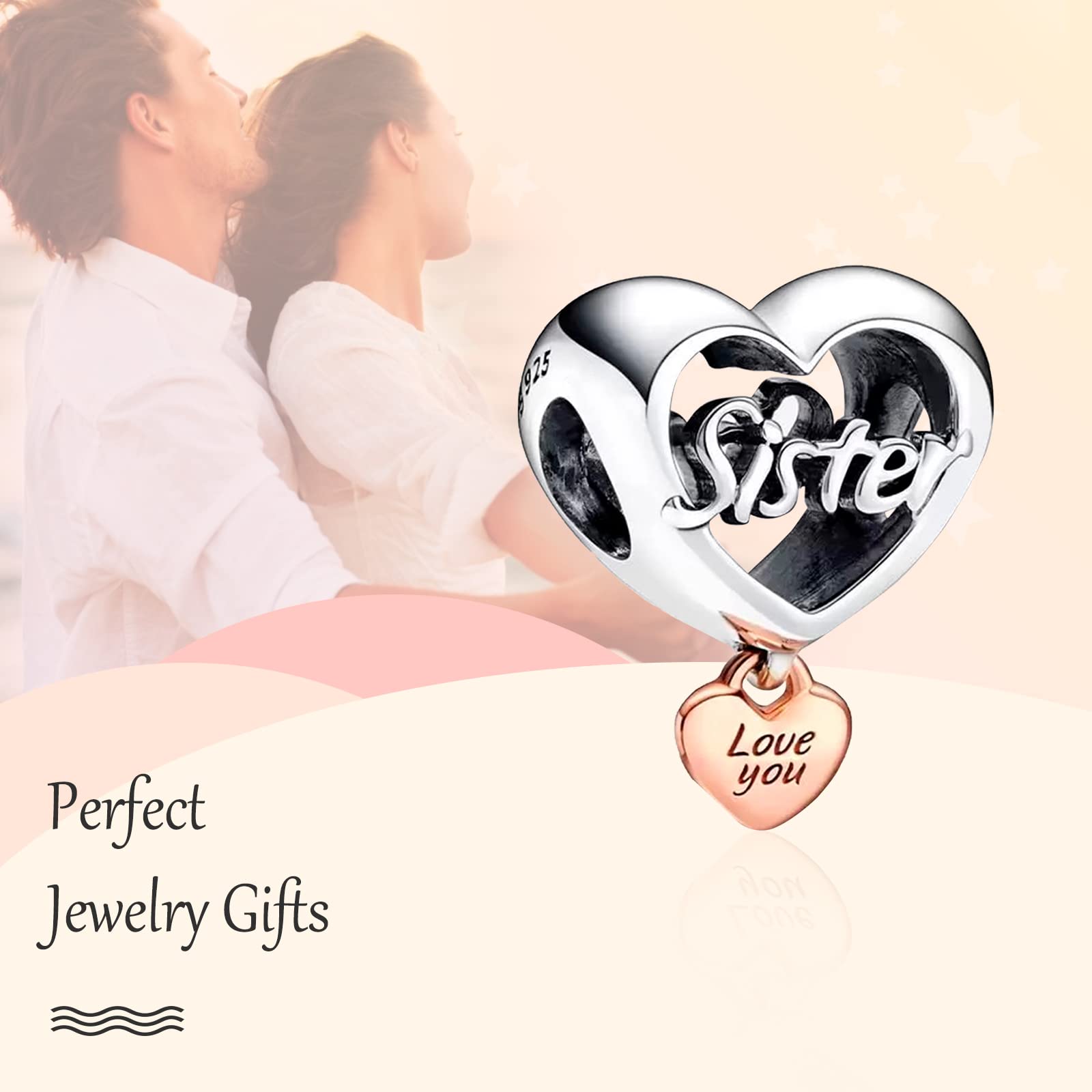 Annmors Forever Sister Love Heart Dangle Charm-925 Sterling Silver Love Sister Dangle fit European Bracelet&Necklace,Christmas H