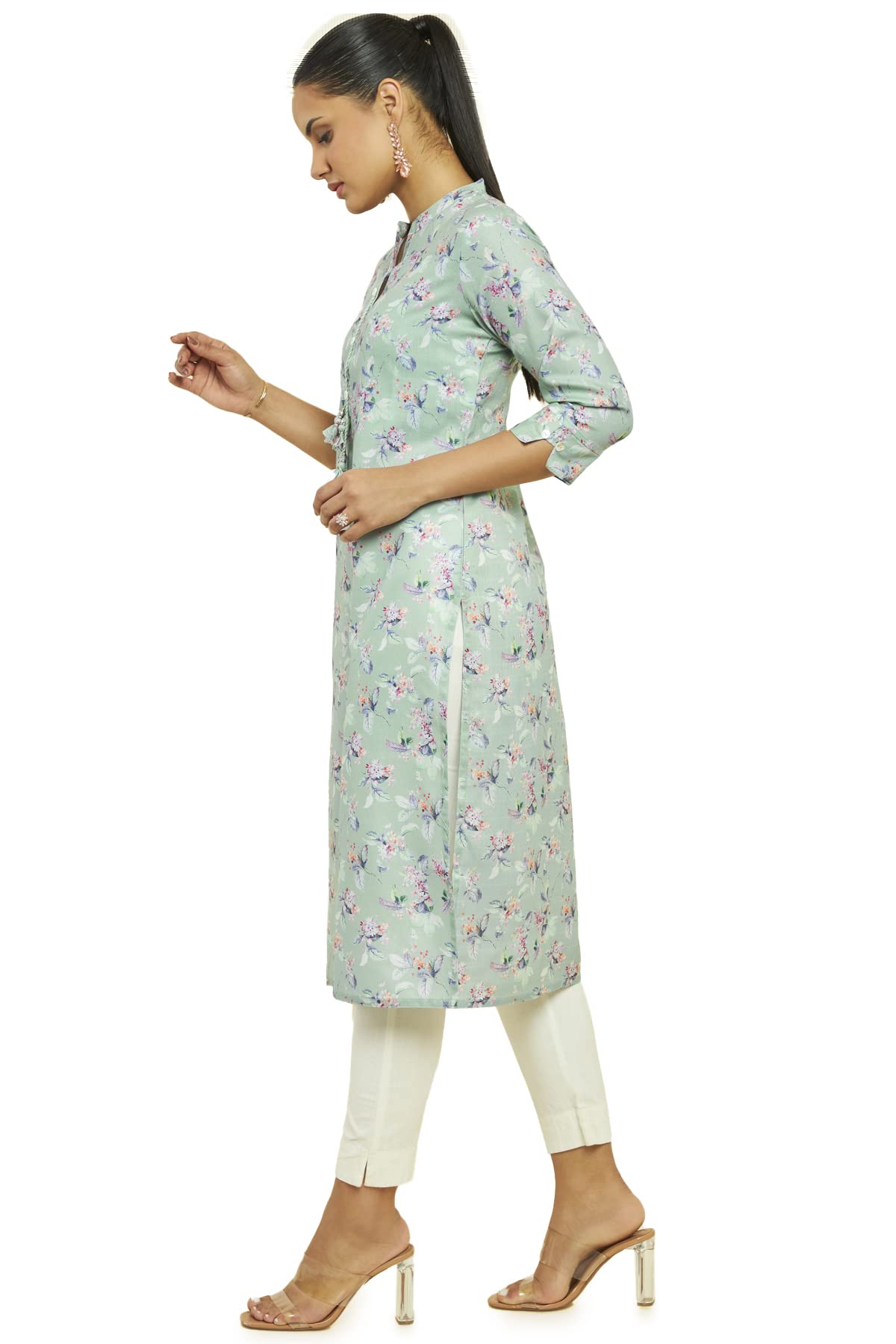 Soch Women Green Linen Floral Print Kurta