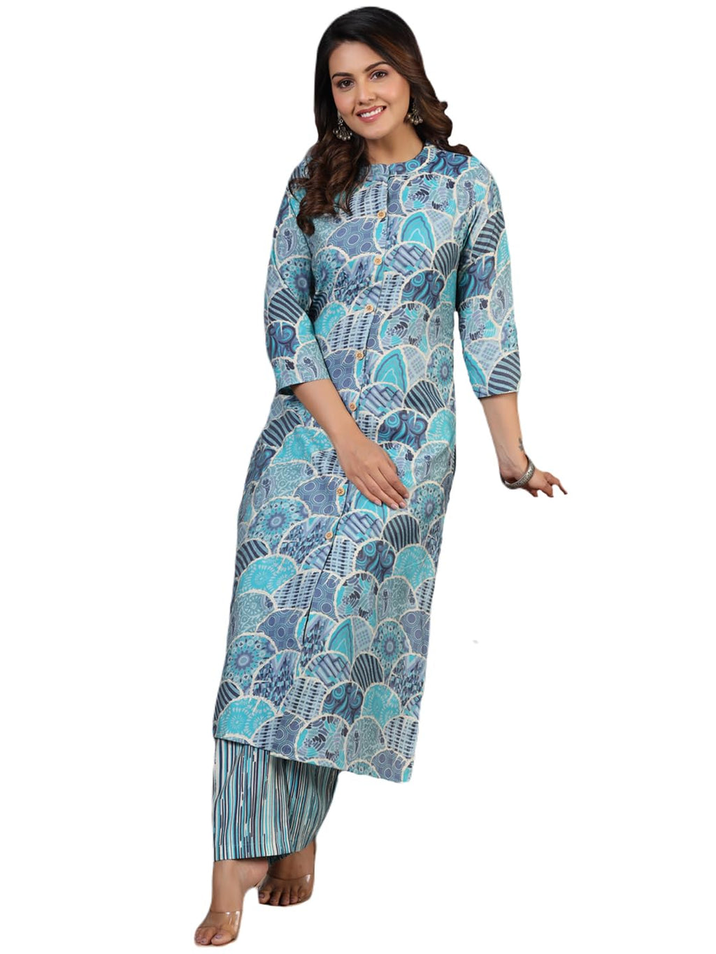 ANNI DESIGNER Womens Rayon Blend Straight Printed Kurta with Pant (Later Blue_M_Blue_Medium)