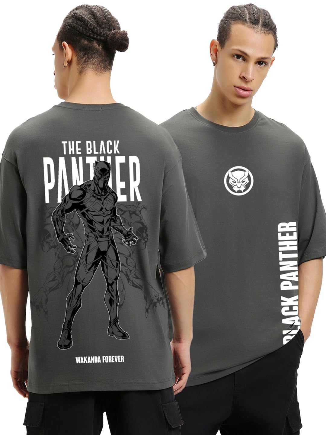 Bewakoof Official Marvel Merchandise Wakanda Forever Mens Graphic Print Oversized Fit Half Sleeve Round Neck Cotton T-Shirt_637