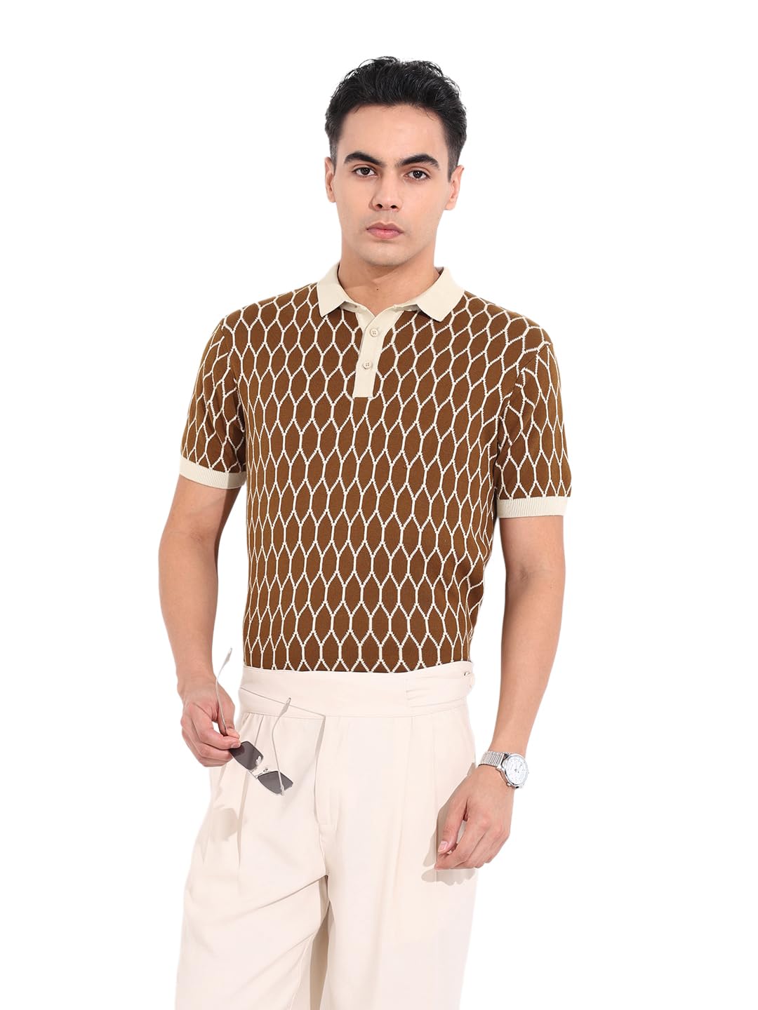 The Indian Garage Co Mens Slim Fit Textured Half Sleeves Neck Flat Knit Polo T-Shirt