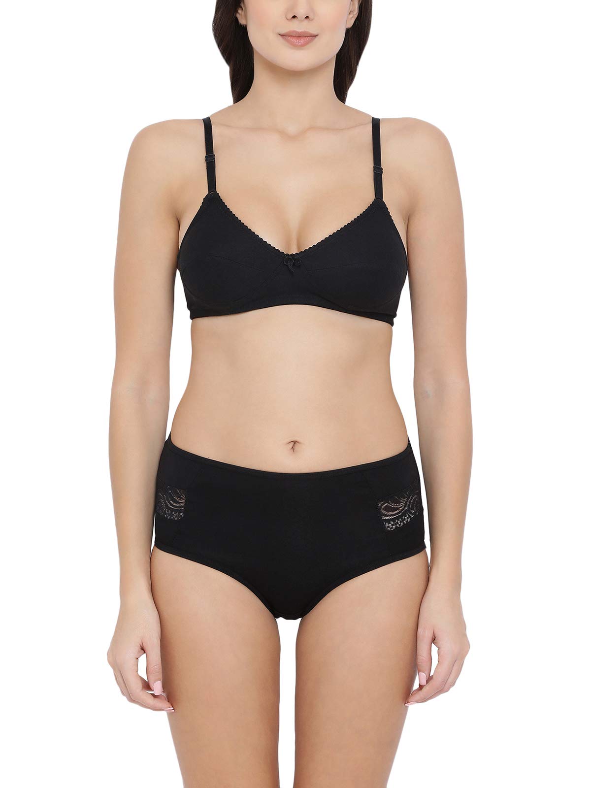 Clovia WomenS Cotton Non Padded Wirefree Bra & Hipster Panty (Combbp320_Black_34B)
