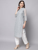 Ekasya WomenS Georgette Straight Cut Notch Neck Kurta With Beautiful Embroidery Work (E1547) Grey