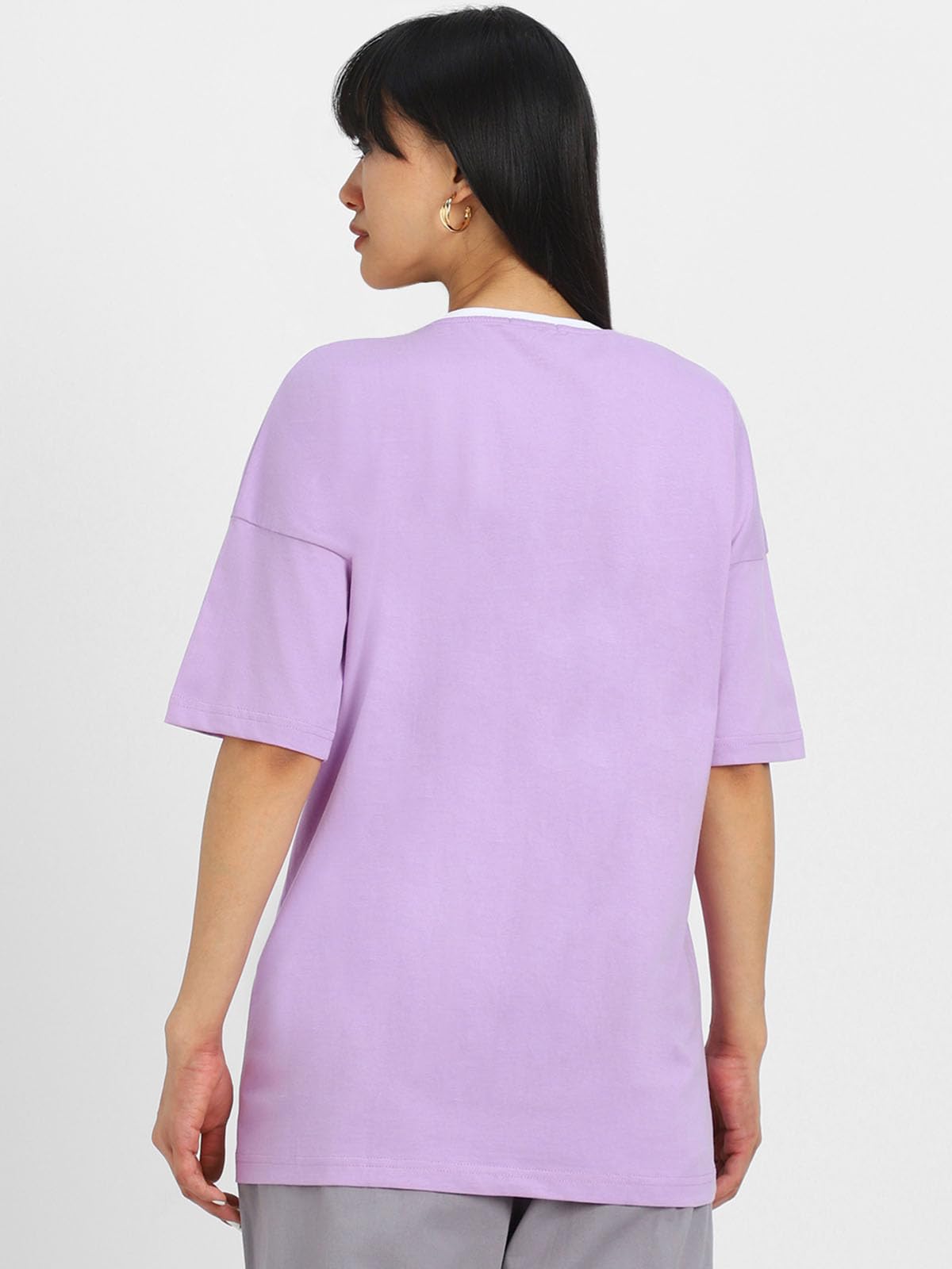 Juneberry Lavender Cotton Round-Neck T-Shirt With Chest Print For Women