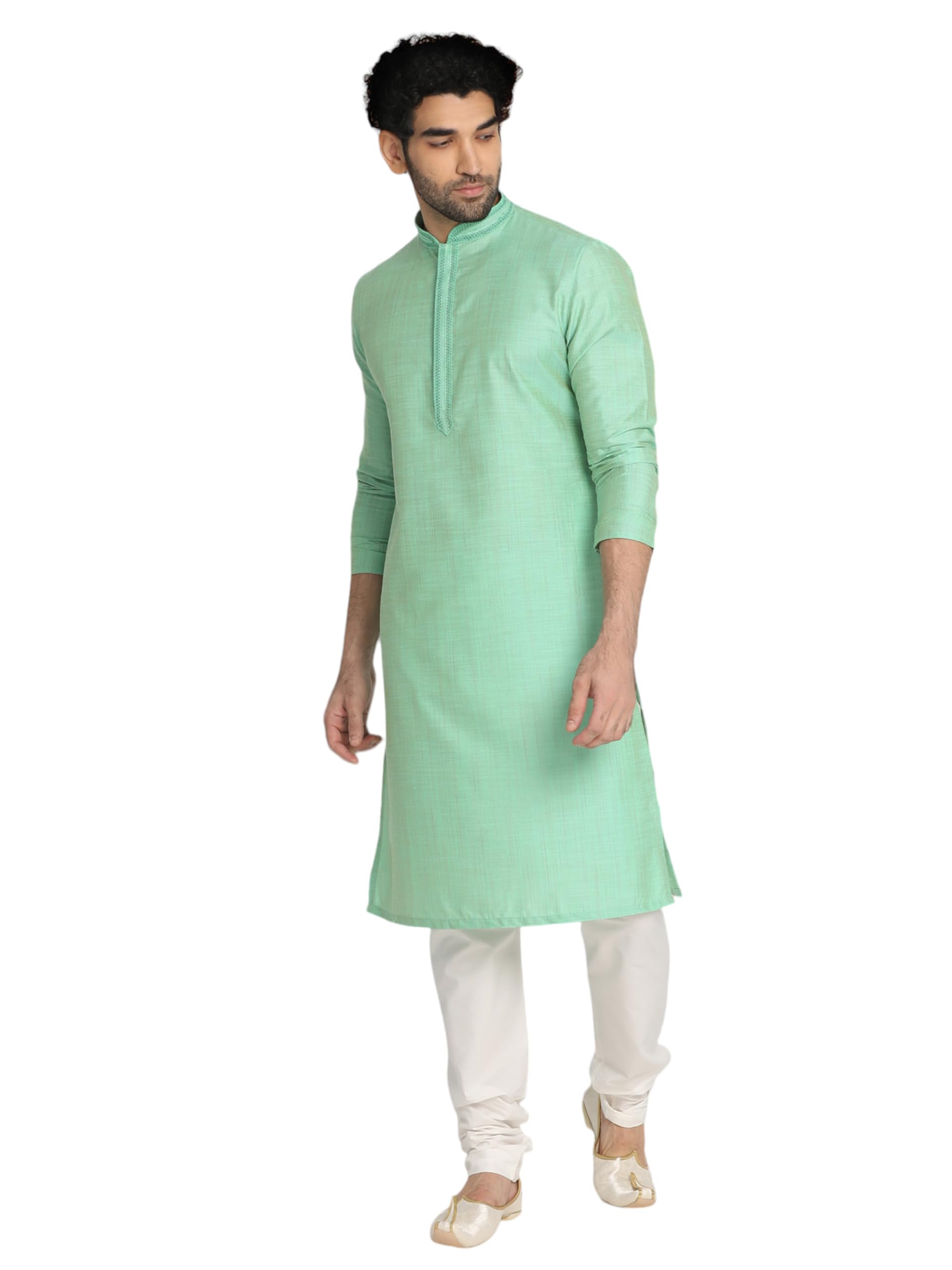 Manyavar Green Art Silk Solid Casual Kurta Set with Mandarin Collar (Size : XL)
