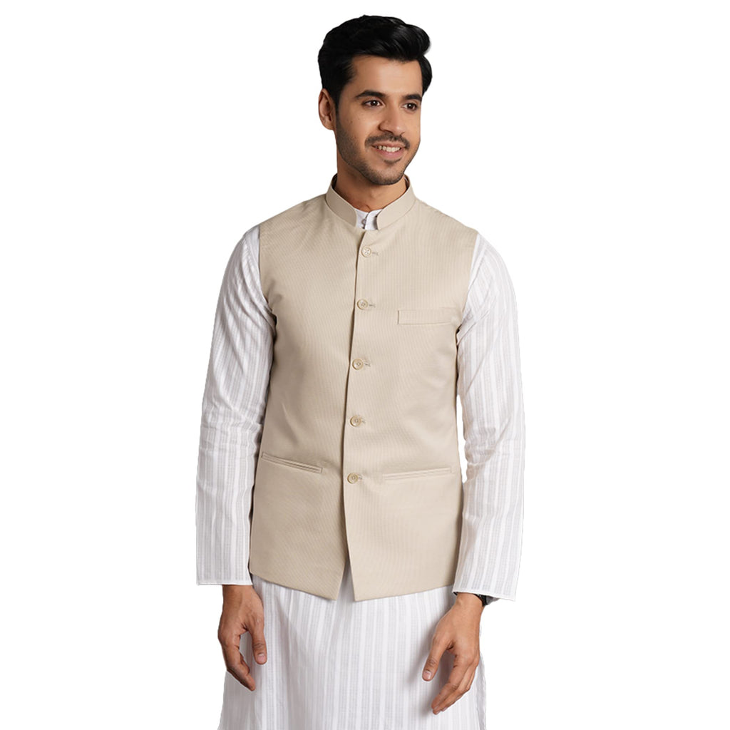 Wintage Poly Viscose Beige Solid Modi Nehru Jacket: Medium