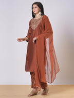 ANNI DESIGNER Women s Viscose Rayon Embroidered Straight Kurta with Trousers and Dupatta, Mustard, Small