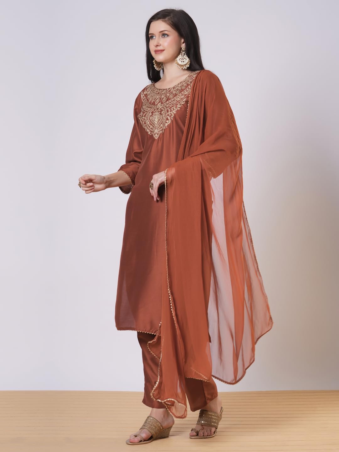 ANNI DESIGNER Women s Viscose Rayon Embroidered Straight Kurta with Trousers and Dupatta, Mustard, Small