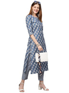 Gosriki Women'S Cotton Blend Straight Printed Kurta With Pant (Funki Blue_New_S-Go_Blue_Small)